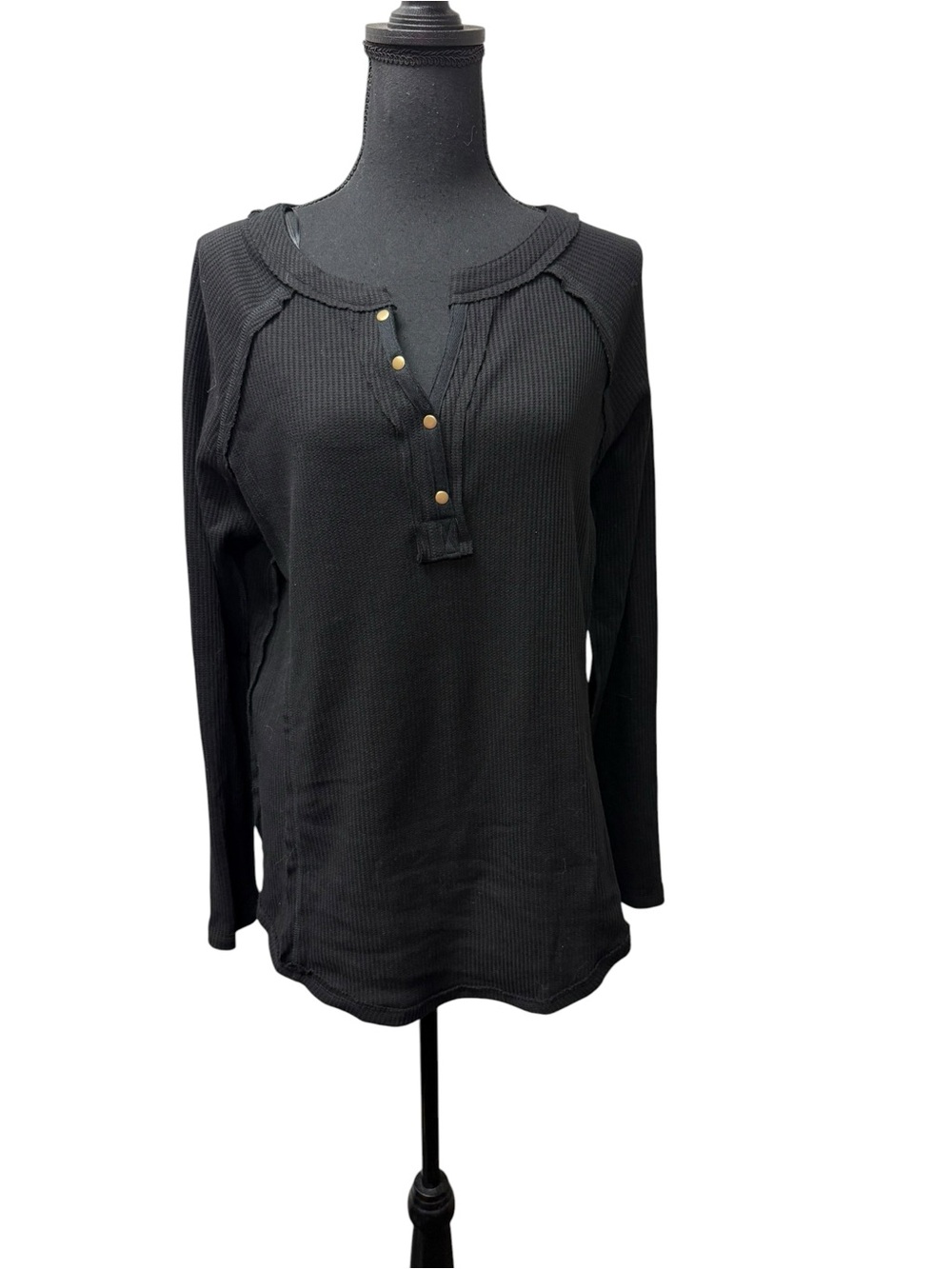 Umgee Black Waffle Knit Snap Henley Top XL Casual Boho Long Sleeve Tee